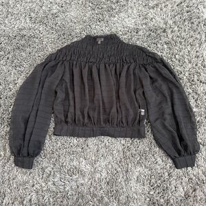 A.Peach Tie Back Sheer Long Sleeve High Neck Blouse in Black, Size M